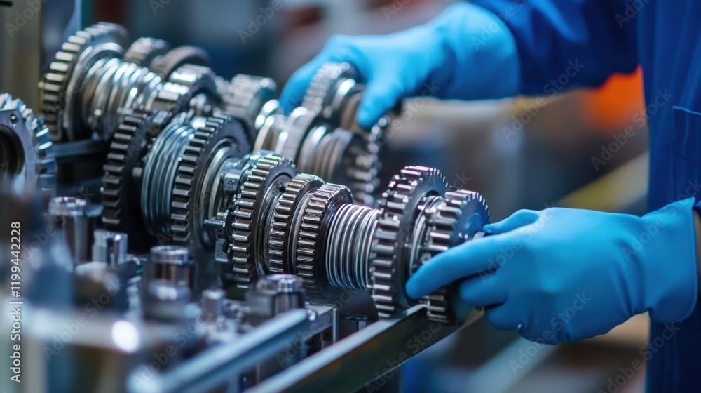 Poster gears and mechanical parts being assembled on a precision assembly line.