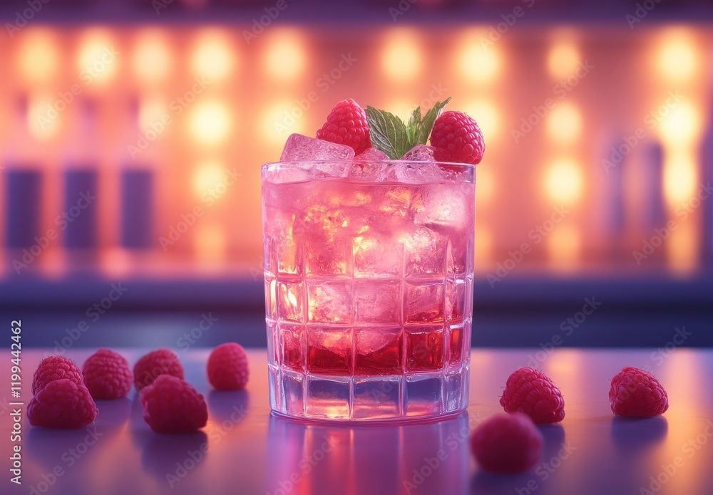 Poster refreshing raspberry cocktail with ice cubes served in a crystal glass against a softly lit backgrou