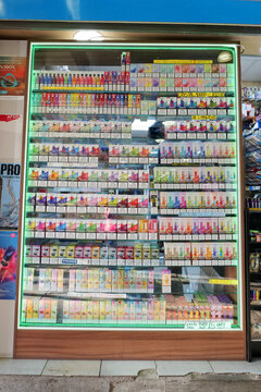 Electronic cigarette vape shop selling vibrantly coloured single use disposable vapes. Leeds, UK 01 11 2025 
