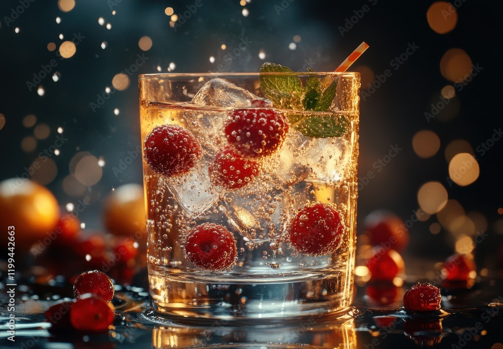Poster refreshing raspberry sparkling drink with ice cubes and bubbles, garnished with mint, capturing a pe