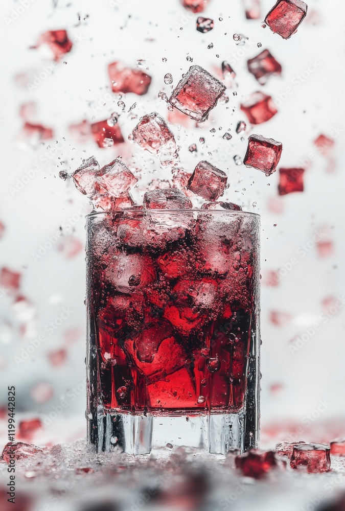 Poster refreshing red beverage splash with ice cubes in motion, capturing the vibrancy and excitement of su