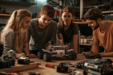 Fototapeta premium Teenagers celebrate teamwork and innovation while showcasing a completed robot in a bright garage workshop