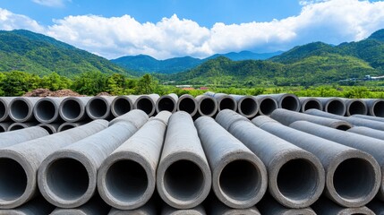 Multiple cement pipes stacked against a backdrop of green hills and a blue sky.