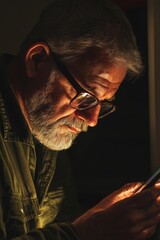 An older man immersed in his smartphone, symbolizing the connection between generations and technology.