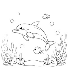black and white vector illustration of dolphins and fish