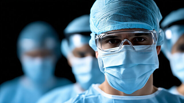 A group of surgeons wearing surgical masks and goggles