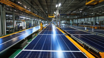 Fototapeta premium Rows of solar panels being assembled in a clean manufacturing environment.