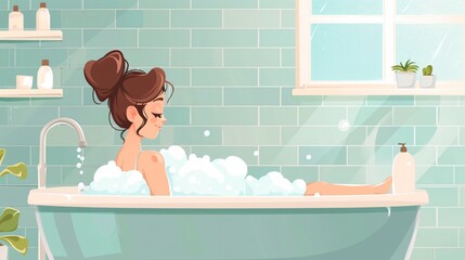 Glamorous Woman Relaxing in Foamy Bathtub Indoors
