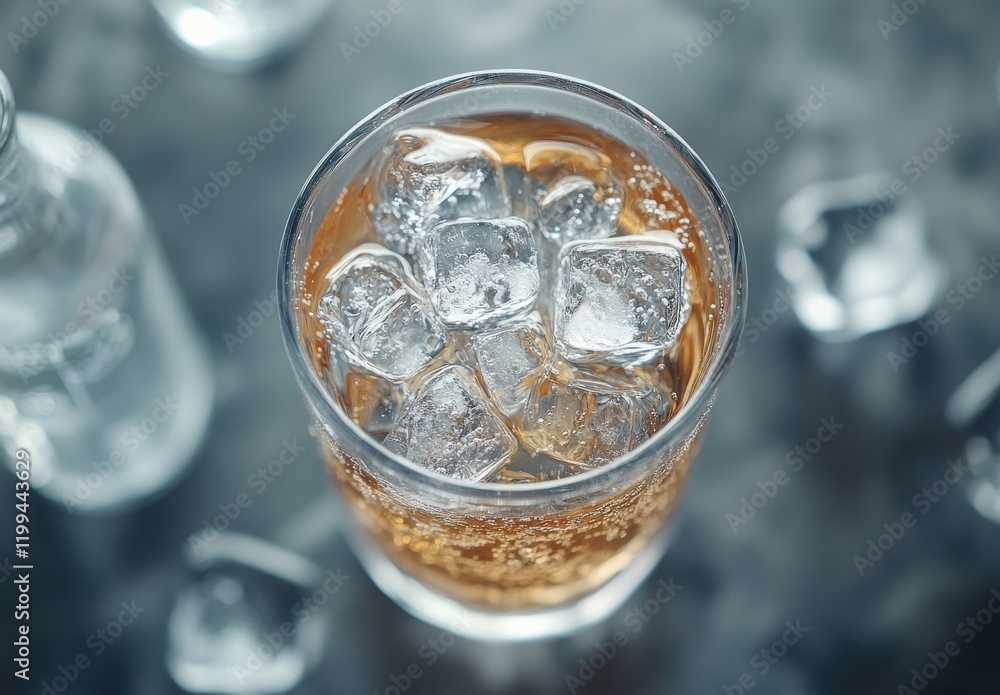 Poster refreshing soft drink in glass with ice cubes and sparkling bubbles against blurred background for b