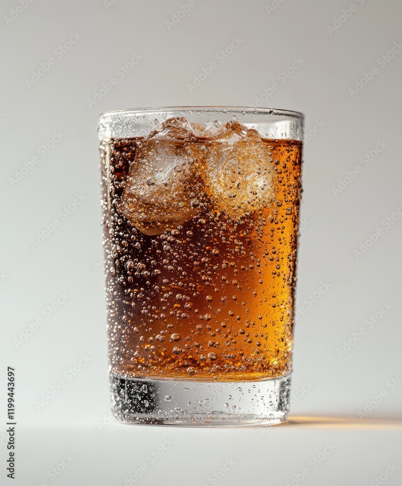 Poster refreshing sparkling beverage in a clear glass with ice cubes and bubbles against a minimalistic lig