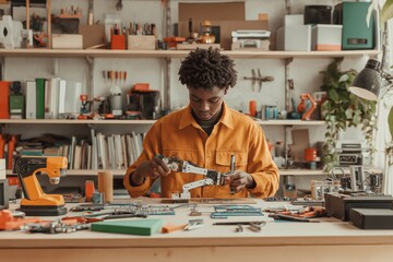 A focused African teenager assembles a robotic arm at a clean desk, surrounded by tools and circuit boards in a bright, creative environment that fosters concentration