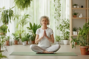 Mature woman practicing yoga at home, taking a moment to hydrate and reflect in a serene, green-filled space