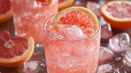 Close-up of a refreshing pink drink in a glass, garnished with fruit slices and ice, vibrant color details and texture.
