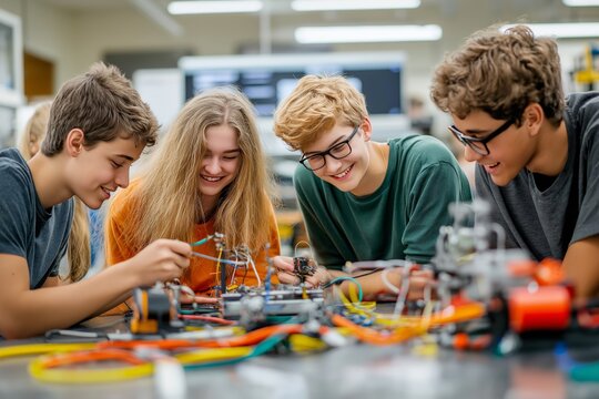 Teenagers collaborating on a robot project in a school lab with tools, blueprints, and glowing screens