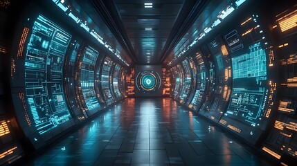 Obraz premium Futuristic Technology Exhibit with Interactive Displays - Generative AI