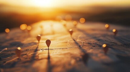 Multiple location markers on a map during a golden hour sunset for a journey planning