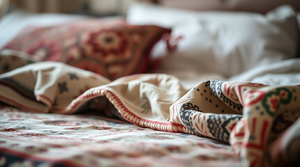 Naklejka premium Cozy and Serene Bedroom: Close-up of Elegant Bedding and Soft Textures