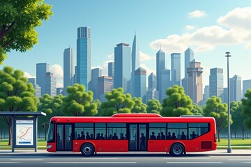 Fototapeta premium A sleek red city bus with passengers visible through large windows drives past a vibrant cityscape of skyscrapers. Green parks and a bus stop emphasize eco-friendly public