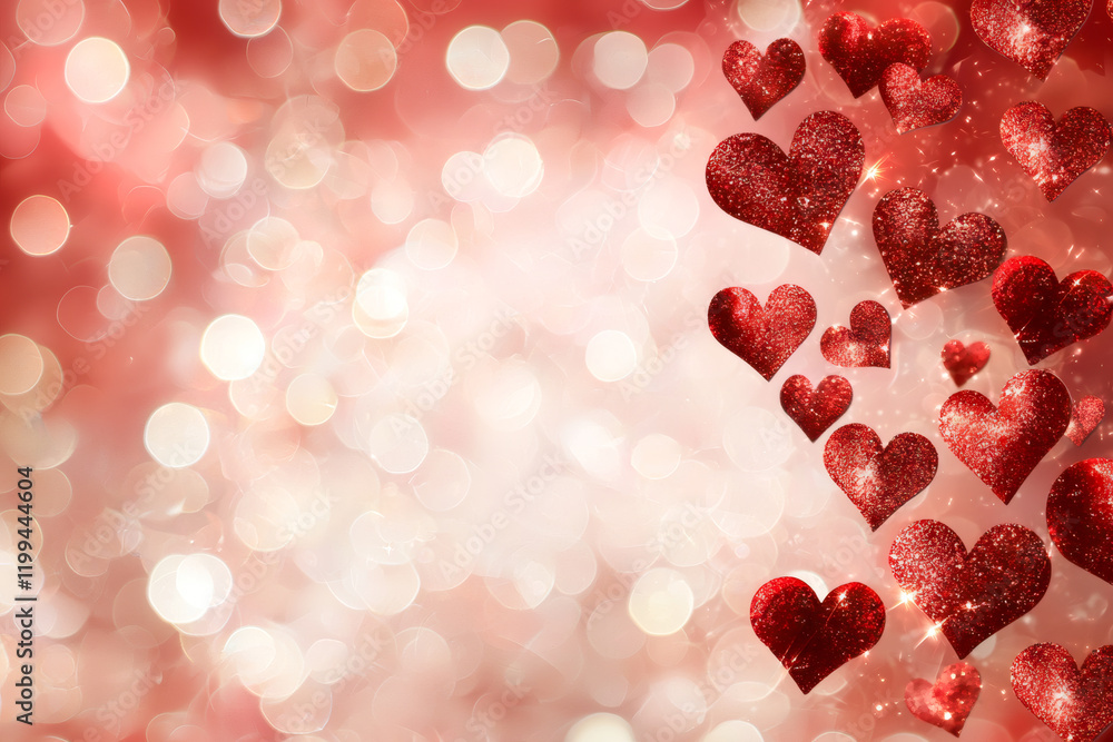 Poster sparkling red hearts on soft bokeh background create romantic atmosphere, perfect for expressing lov