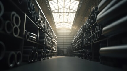 Fototapeta premium Steel pipes stacked in an orderly manner in a warehouse with high ceilings.