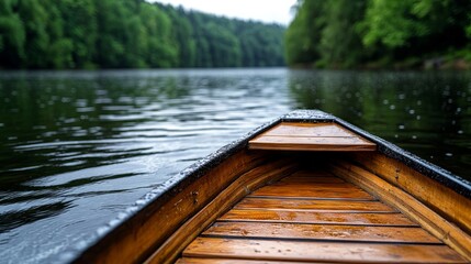 Naklejka premium A wooden boat sitting on top of a body of water