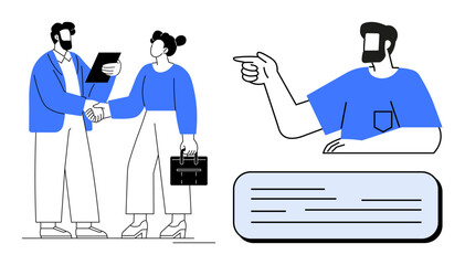 Fototapeta premium Two professionals shaking hands and discussing documents. Another individual pointing to text. Ideal for teamwork, business communication, guidance, professional relationships, directions