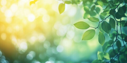 Fototapeta premium Serene Blurred Sunrise with Vibrant Leaves and Rays of Light