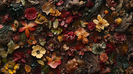 Autumnal Floral Arrangement Dark Moody Still Life with Wet Flowers and Leaves on Soil