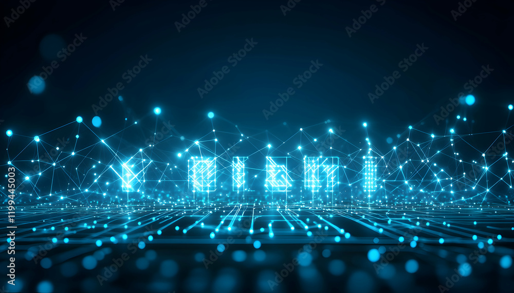 Poster abstract digital network connection concept. glowing nodes and lines forming a futuristic cityscape 