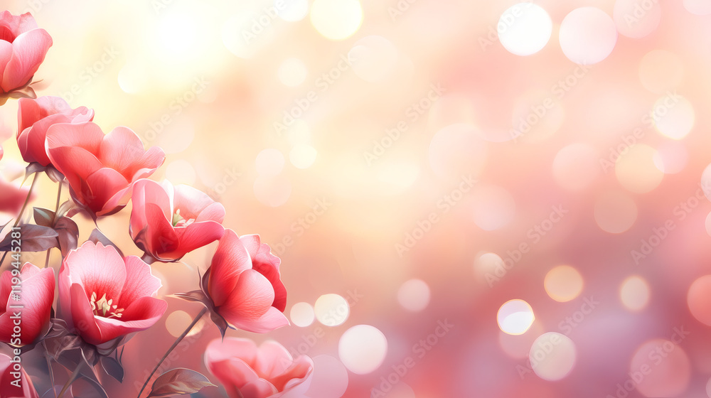 Poster beautiful pink flowers with soft bokeh background create romantic atmosphere, perfect for expressing
