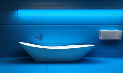 Experience the serene atmosphere of a blue, minimal-inspired bathroom.