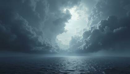 Turbulent ocean under a stormy sky with dark clouds and choppy water, foreboding atmosphere, Wide Shot, Daytime
