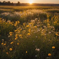 Obraz premium A field of wildflowers swaying gently in the golden light of sunrise.