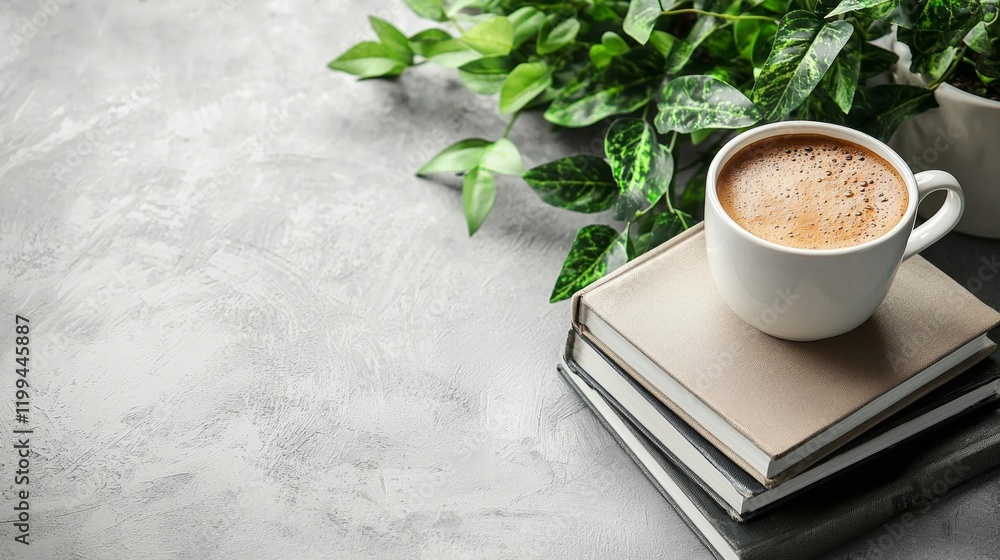 Poster this serene workspace displays a stack of books with a cozy cup of steaming coffee on top, surrounde