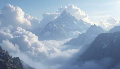 Mountain range with Matterhorn peak rising through clouds, wide shot, Day