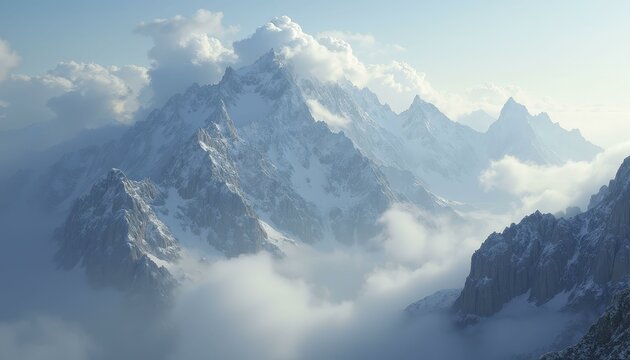 Mountain range shrouded in mist with snow capped peaks, wide shot, Day