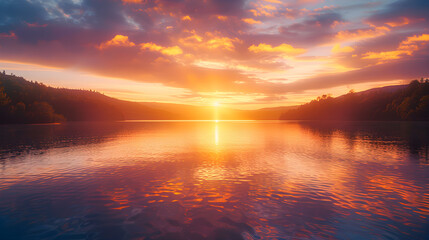 Obraz premium Golden Sunset Reflections: Capturing Tranquility and Serenity in a Stunning Lakeside View