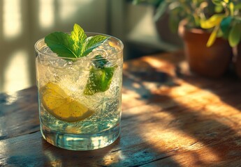 Refreshing Sparkling Lemonade with Mint Leaves in a Clear Glass on a Wooden Table Surrounded by Soft Natural Light and Green Foliage