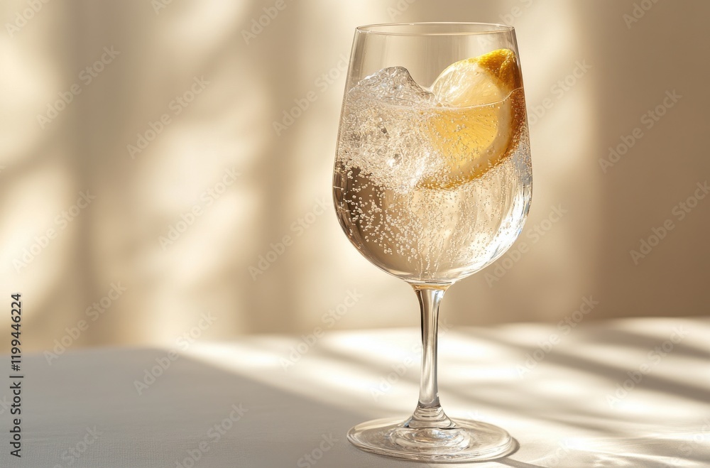 Poster refreshing sparkling water in a clear glass with a slice of lemon on a sunlit tabletop, creating a i