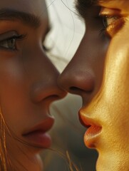 Obraz premium Two people sharing a tender moment with sunlight and shadows.