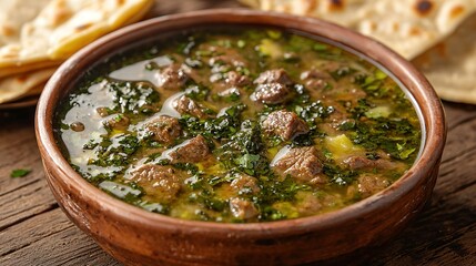 Beef and herb soup in bowl with flatbread on wooden table.