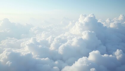 Aerial view of vast fluffy clouds with soft, diffused lighting, wide shot, Early Morning
