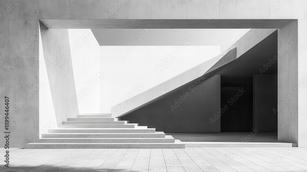 Poster a minimalist architectural space featuring contrasting light and shadow, with angular steps leading 