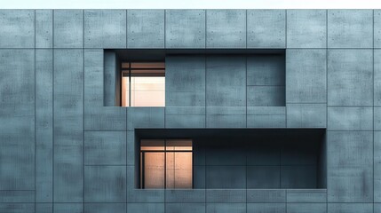 A minimalist concrete wall features two geometric windows, showcasing a modern architectural design bathed in soft light.