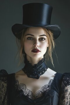 A gothic fashion model in a black top hat and lace outfit.