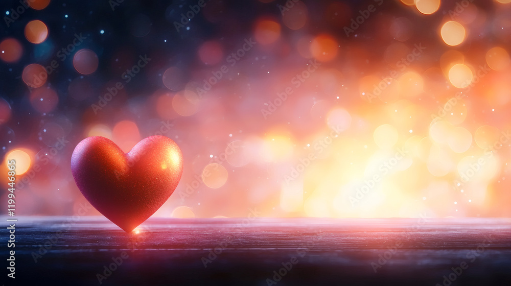 Poster shiny red heart on wooden surface with dreamy bokeh background creates romantic atmosphere. perfect 