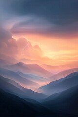 Fototapeta premium Vibrant sunset illuminating layered mountains with dramatic clouds and distant lightning near horizon