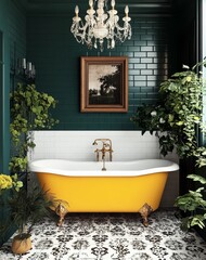 A stunning 3D render of a retro boho bathroom adorned in dark green hues. 