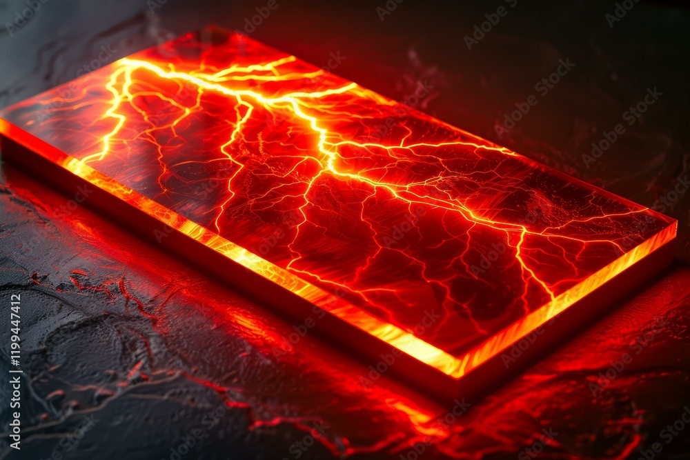 Poster bright lightning is striking through a transparent panel, creating a mesmerizing red glow on a dark 