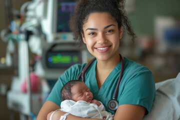 Health care concept. Smiling obstetric nurse caring for newborn baby in hospital